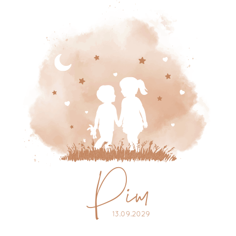 Oranje geboortekaartje met twee kindjes onder de sterrenhemel