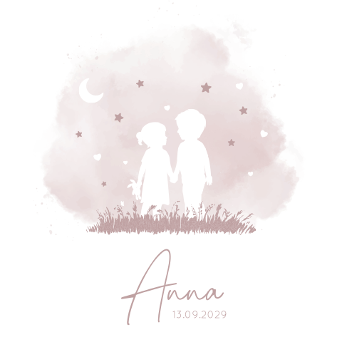 Oud roze geboortekaartje met twee kindjes onder de sterrenhemel