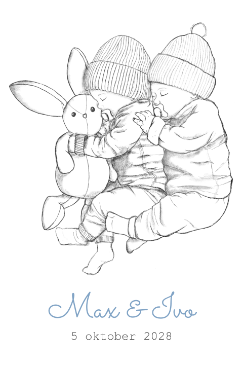 Geboortekaartje tweeling tekening met knuffel konijn