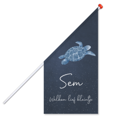Donkerblauwe geboortevlag met schildpad