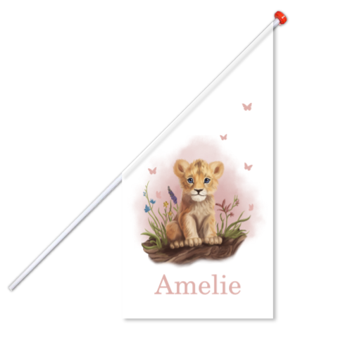 Geboortevlag met leeuw en bloemen roze