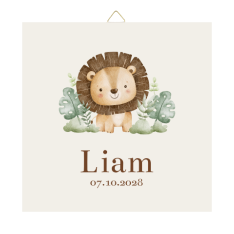Geboortetegel beige met leeuwtje en bladeren