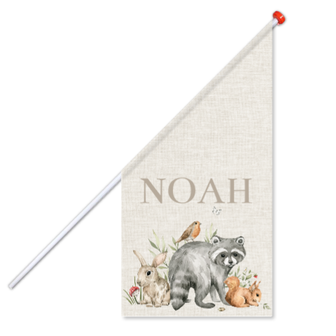 Geboortevlag met bosdieren en beige achtergrond