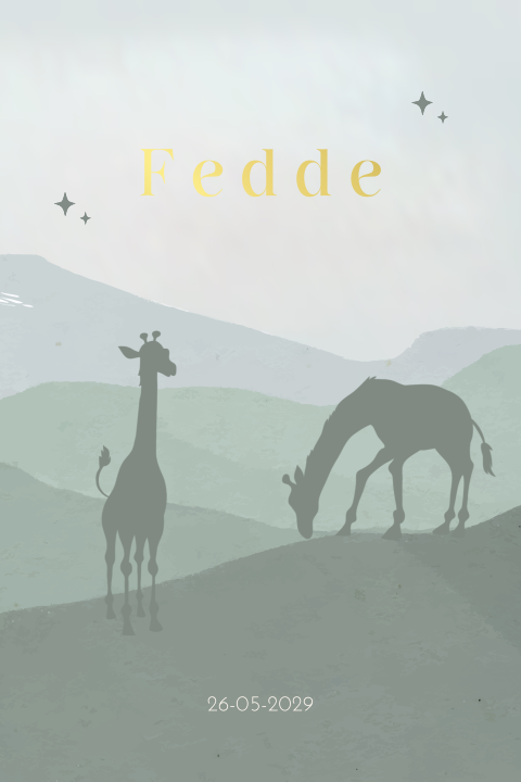 Geboortekaartje jongen abstracte bergen met silhouet van giraffen 