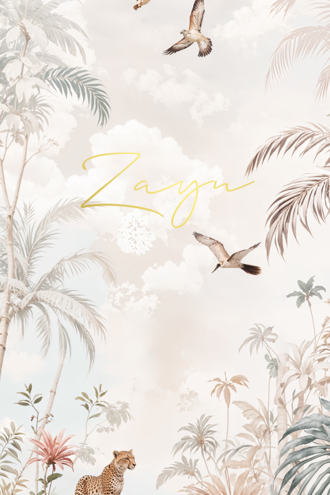 Geboortekaartje jongen landschap met tijger, vogels en goudfolie