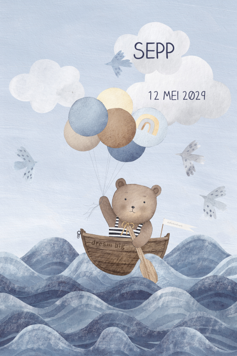Geboortekaartje jongen beer in bootje op zee met ballonnen 