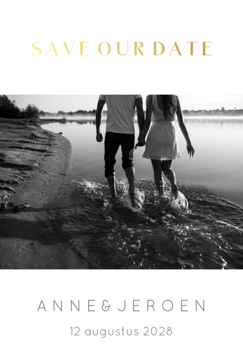 Save the Date fotokaart zwart-wit met goudfolie
