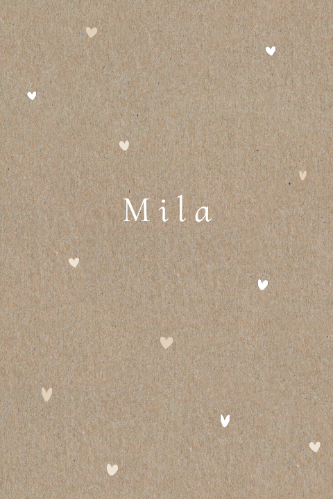 Kraft minimalistisch geboortekaartje beige witte hartjes 
