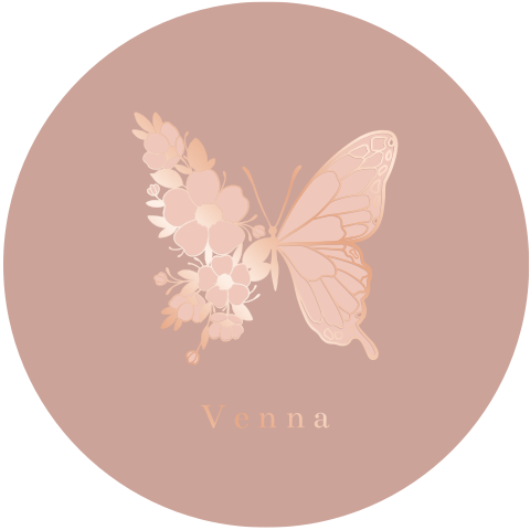 Rond geboortekaartje met vlinder & bloem in folie