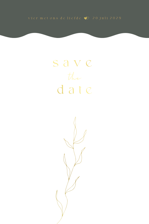 Minimalistische save the date kaart getekend takjes hartjes goudfolie