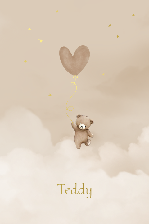Geboortekaartje aquarel teddybeertje vliegend ballon wolken folie