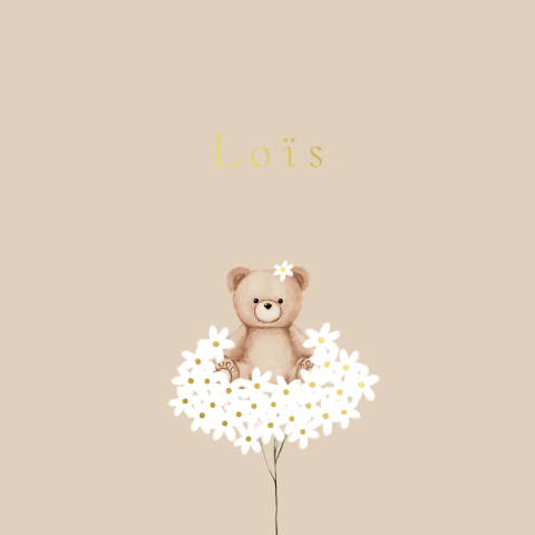 Geboortekaartje teddybeer knuffelbeertje madeliefjes bloem goudfolie