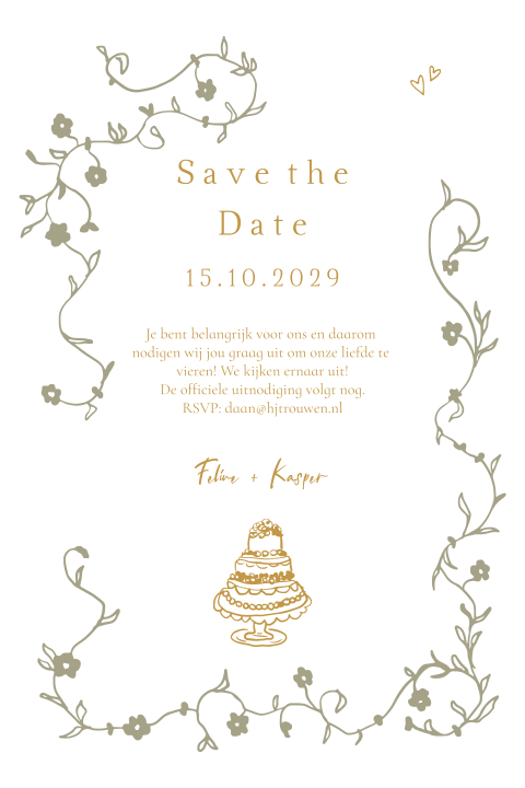 Trouwkaart save the date kaart handgetekend speels taart tekening