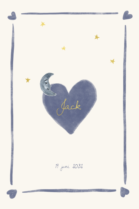 Eclectic bohemian geboortekaartje maan hartborder goudfolie