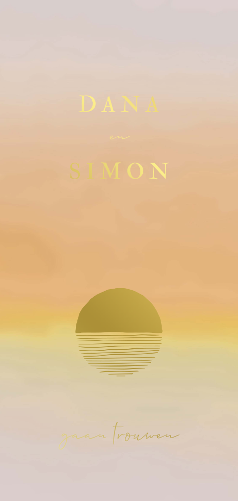 Langwerpig minimalistisch trouwkaart ondergaande zon goudfolie