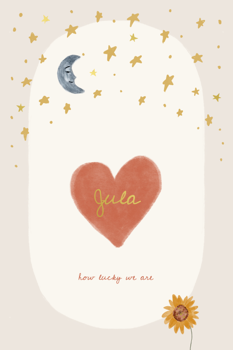 Eclectic bohemian geboortekaartje maan sterren ovaal goudfolie