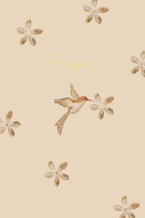 Lief geboortekaartje aquarel bloemetjes kolibrie beige goudfolie