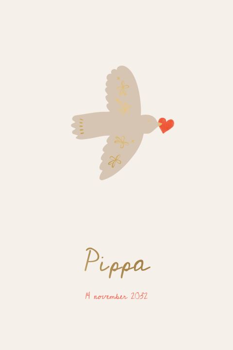 Openslaand geboortekaartje boho vogel hartje bloemen beige folie