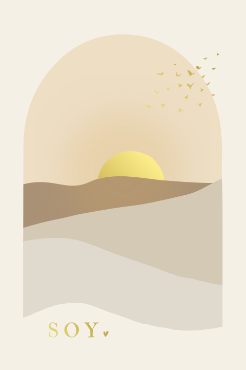 Geboortekaartje landschap zandkleuren beige zon goudfolie