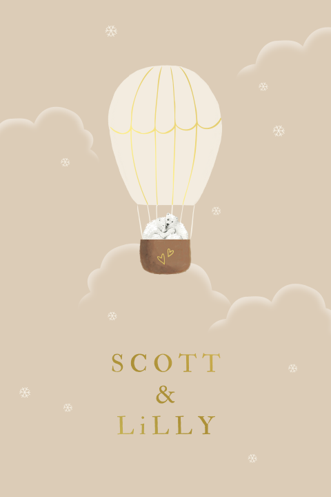 Tweeling winter geboortekaartje ijsberen luchtballon sneeuw goudfolie