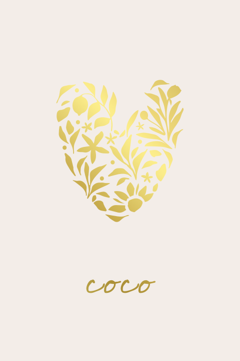 Lief geboortekaartje in beige met bloemenhart in goudfolie