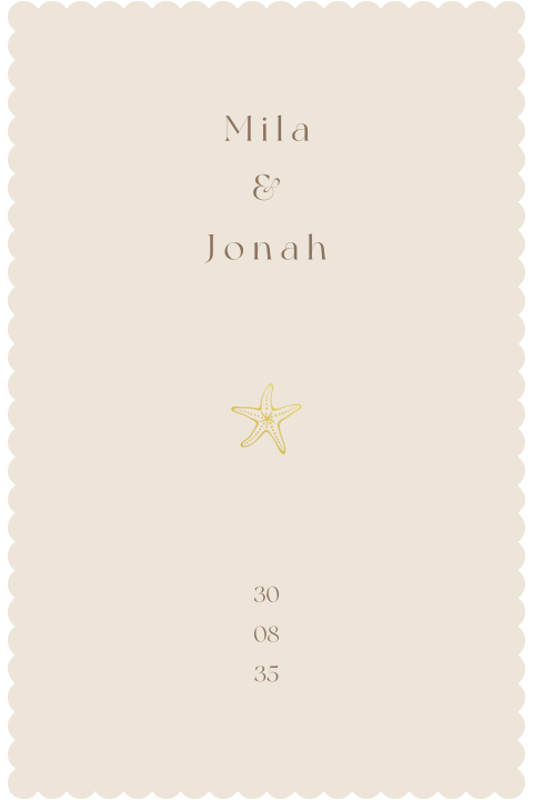 Trouwkaart golfjesrand klassiek beige zand goudfolie