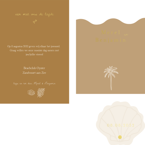 Trouwkaart beachwedding zeethema beige zandkleuren folie