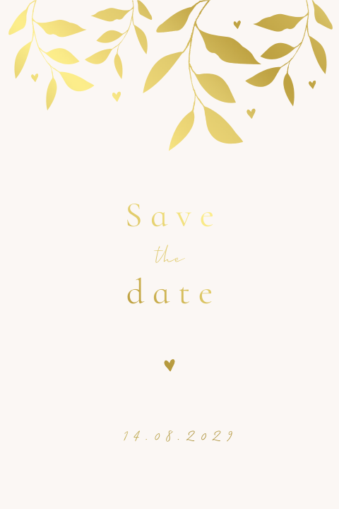 Minimalistische chique save the date kaart goudfolie takjes hartjes