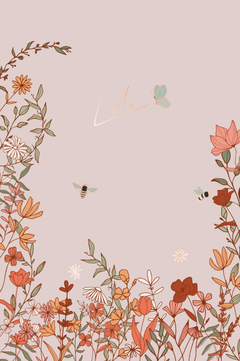 Geboortekaartje met wilde bloemen kleurrijk in roze rosegoudfolie