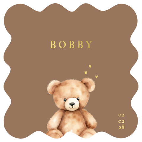 Geboortekaartje golvend vorm knuffelbeer minimalistisch koperfolie