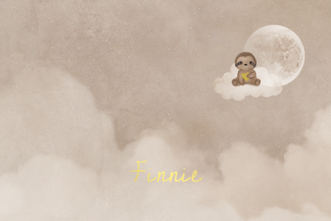 Neutraal geboortekaartje luiaard maan wolken hartje goudfolie