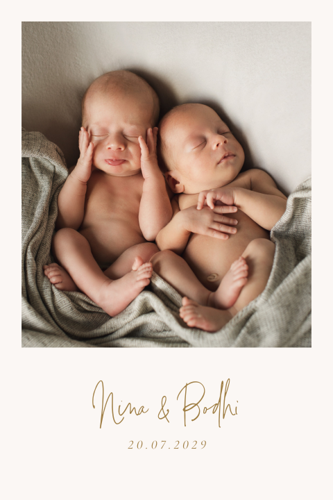 Leuk geboortekaartje tweeling polaroid foto beige baby