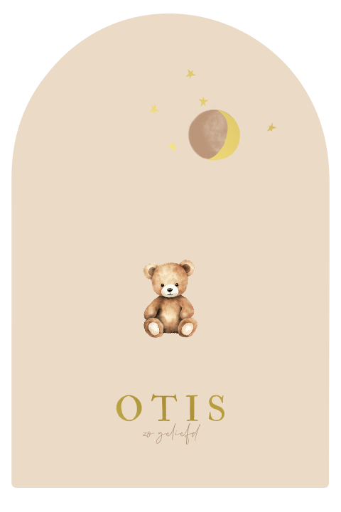Boogvorm geboortekaartje schattig teddybeertje en goudfolie maantje