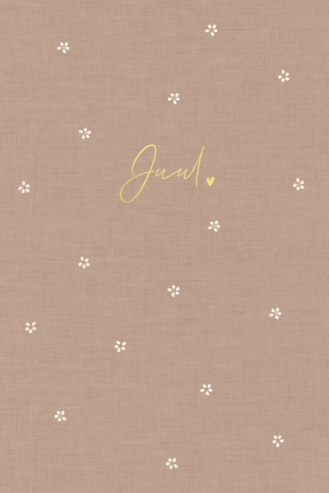 Minimalistisch geboortekaartje met abstracte bloemetjes in goudfolie