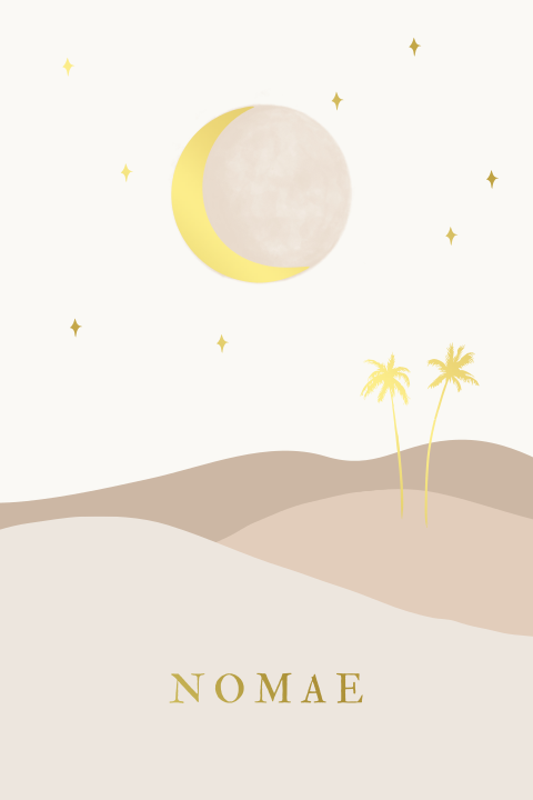 Geboortekaartje beige aardetinten landschap palmboom maan goudfolie