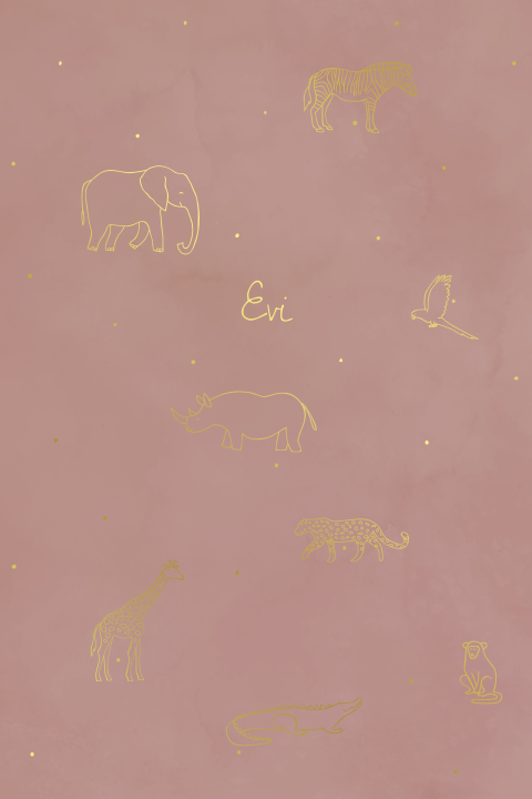 Geboortekaartje met aap, giraf, olifant, krokodil, zebra, papegaai