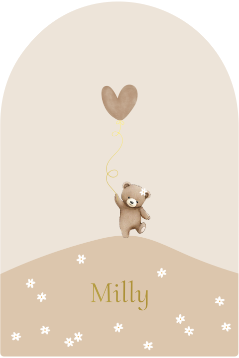 Geboortekaartje boogvorm aquarel beertje ballon madeliefjes folie