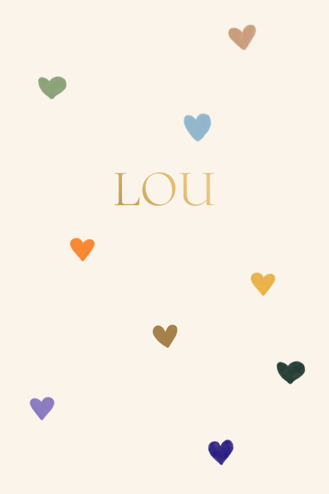 Geboortekaartje hartjesthema kleurrijk mat goudfolie