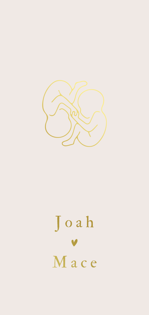 Tweeling geboortekaartje twee babys handjes vasthouden lijntekening