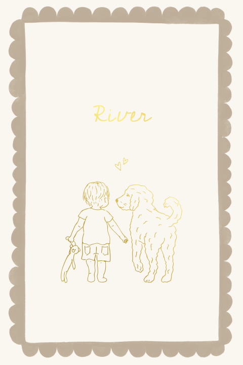 Geboortekaartje golfjesrand lijntekening hond kindje knuffel goudfolie