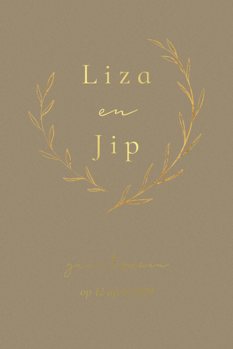 Trouwkaart met gouden takjes in halfrond en goudfolie