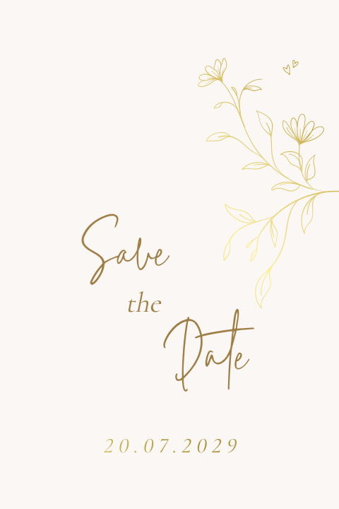 Save the date trouwkaart met minimalistische bloem en goudfolie