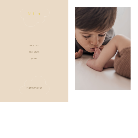 Uniek wolkjes geboortekaartje fotolabel inschuif goudfolie