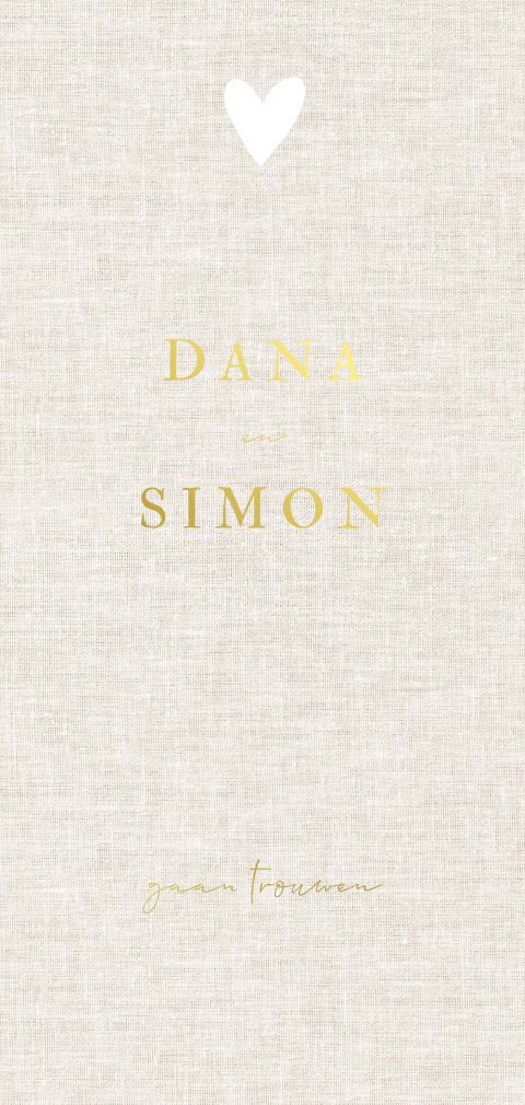 Langwerpige linnenlook trouwkaart hart uitsnede goudfolie