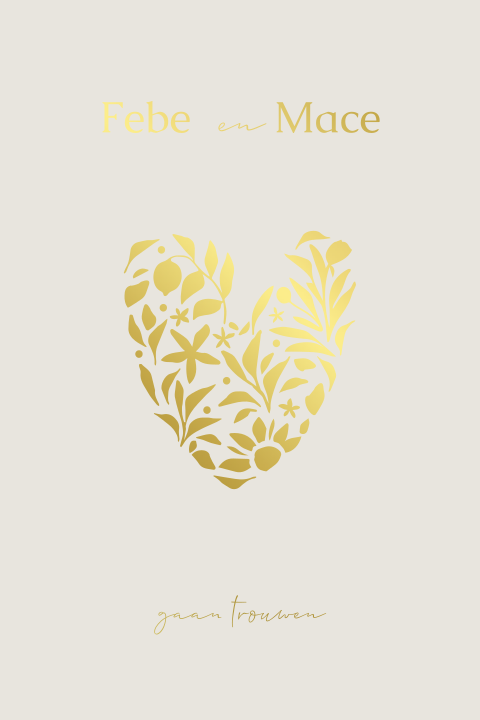 Beige trouwkaart met mooi bloemenhart hart van bloemen goudfolie