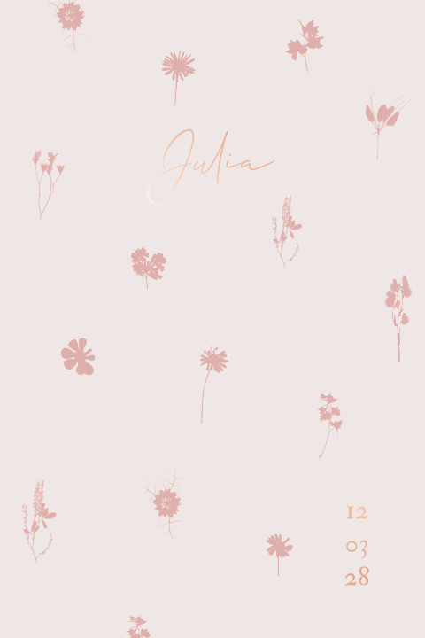Lief droogbloemen in roze patroon geboortekaartje en koperfolie