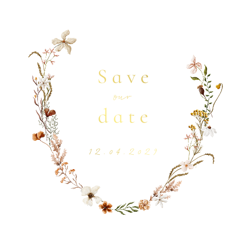 Save the date kaart trouwen bloemenkrans wit beige aquarel goudfolie