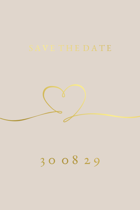 Save the date kaart trouwen in beige sierlijk hart getekend goudfolie