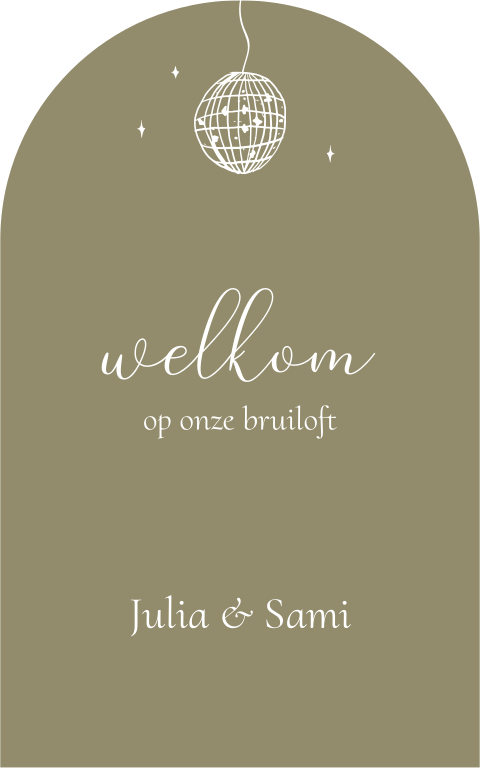 Welkomstbord bruiloft boogvorm groen handgetekend speels boog