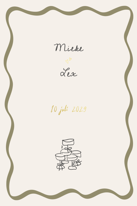 Trouwkaart golf modern handgetekend speels goudfolie